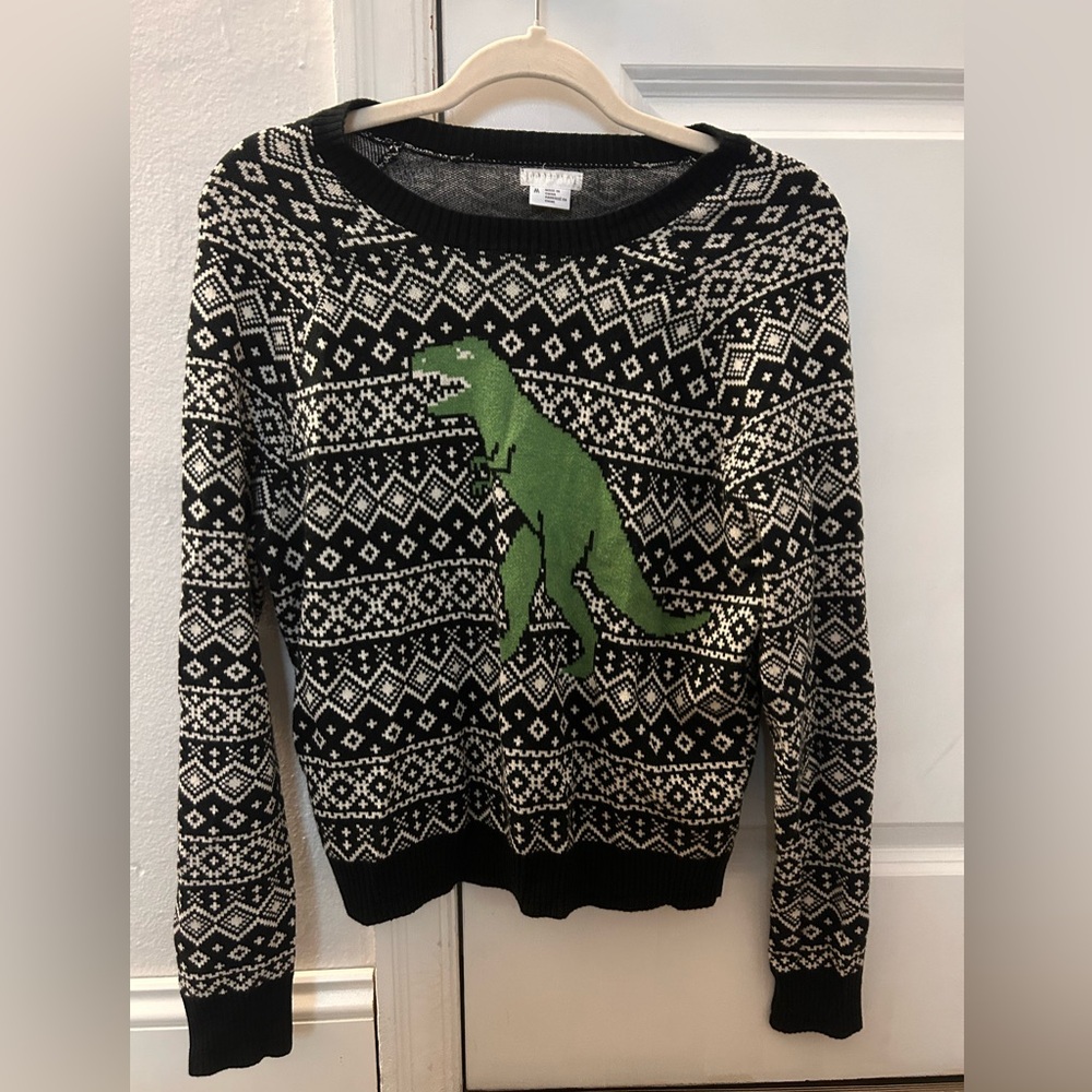 Cooperative Urban Outfitters Black & White Fair Isle Sweater with Green Dinosaur